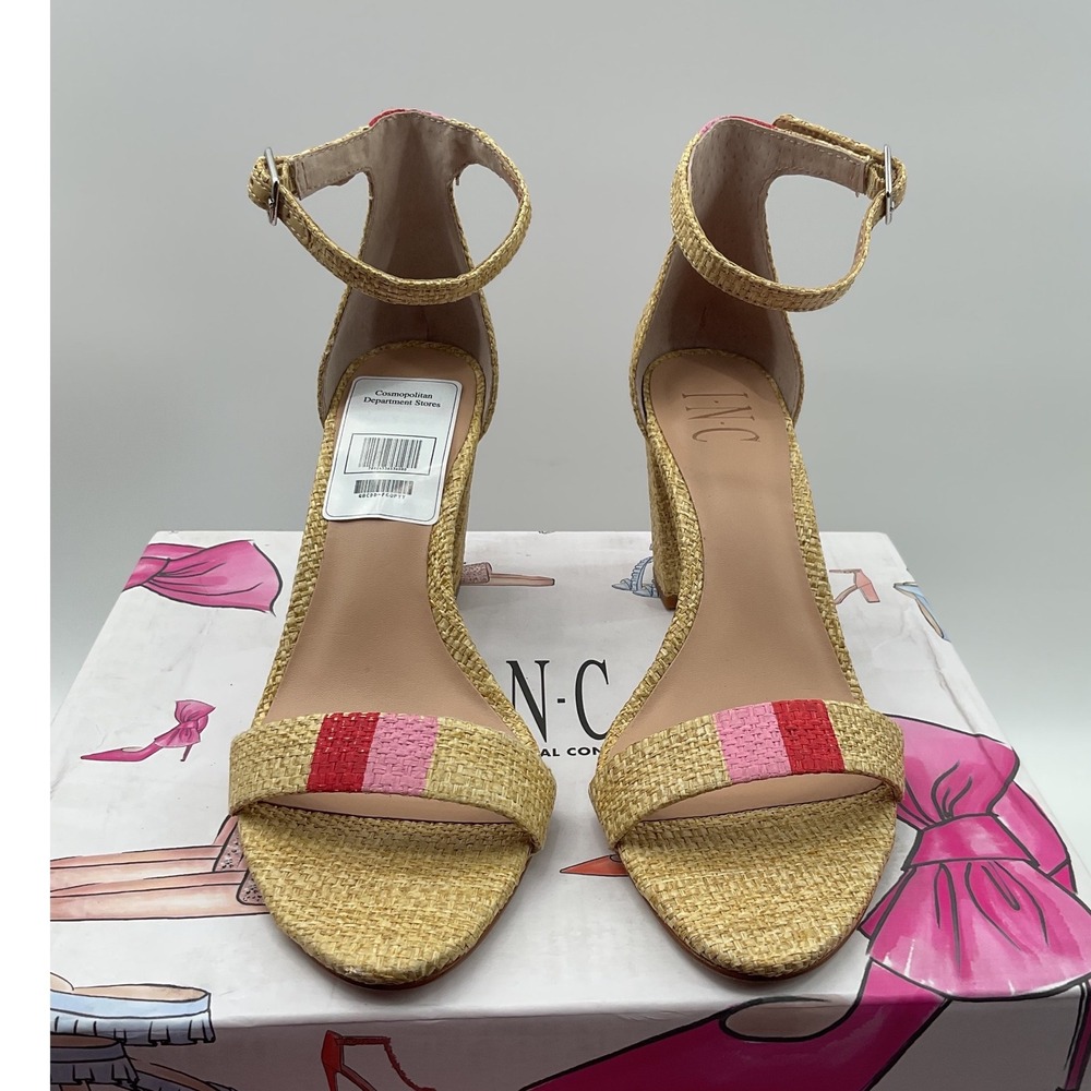 INC International Concepts Kivah Woven Block Heel Sandals Tan Pink Red 7.5M